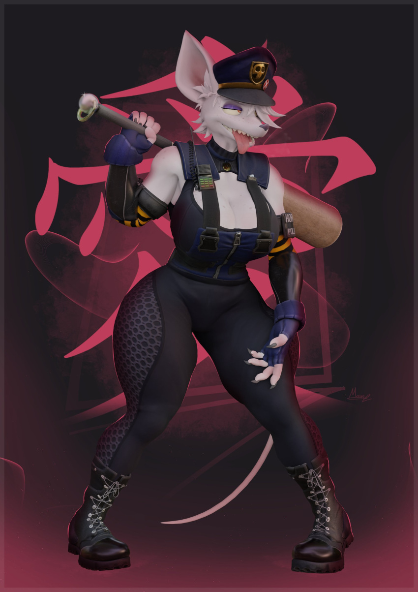 absurd_res anthro baseball_bat bat_(object) big_breasts bodily_fluids boots breasts cleavage clothed clothing female fighting_pose footwear hat headgear headwear hi_res japanese_text mammal moonshefff murid murine officer_flint_(foretbwat) open_mouth police police_officer pose rat rodent saliva smile solo text tongue tongue_out