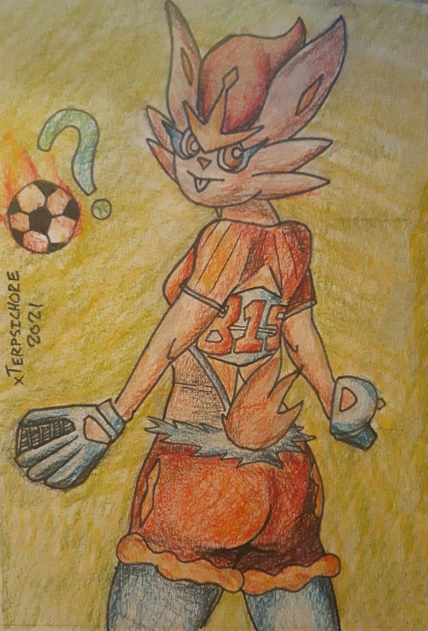 2021 ? absurd_res anthro ball baseball_cap baseball_glove baseball_uniform breasts buckteeth butt cinderace clothed clothing colored_pencil_(artwork) female graphite_(artwork) hair hat headgear headwear hi_res lagomorph looking_away looking_back mammal marker_(artwork) mixed_media nintendo orange_eyes pencil_(artwork) pok&eacute;mon pok&eacute;mon_(species) raised_tail red_hair soccer_ball solo solo_focus sportswear standing teeth traditional_media_(artwork) uniform video_games xterpsichore_(artist)