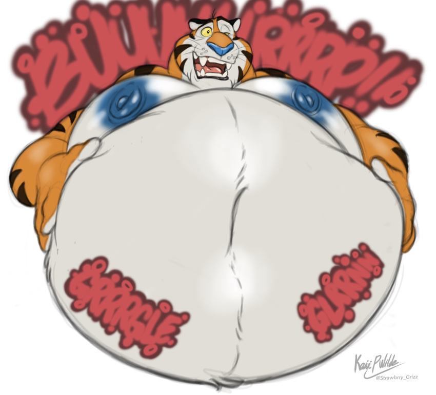 anthro belly big_belly blue_nipples burping felid frosted_flakes hi_res huge_belly husky2paws hyper hyper_belly kellogg's male male_anthro mammal mascot moobs morbidly_obese morbidly_obese_anthro nipples obese obese_anthro overweight overweight_anthro pantherine simple_background solo striped_body stripes teeth tiger tongue tony_the_tiger white_background
