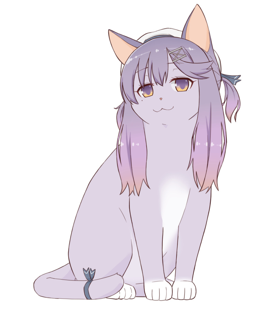 :3 animal_focus animalization cat full_body gradient_hair hat highres kantai_collection long_hair looking_at_viewer mole mole_under_eye multicolored_hair no_humans purple_eyes purple_fur purple_hair ribbon sailor_hat simple_background smile soba_(sobaya1938) solo tail tail_ornament tail_ribbon tsushima_(kancolle) white_background