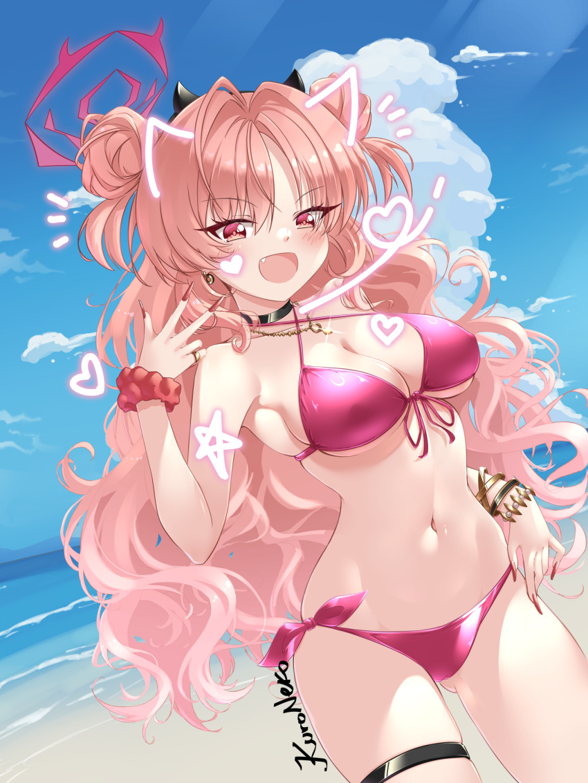 1girl :d alternate_costume bare_shoulders beach bikini blue_archive blue_sky blush breasts cloud cowboy_shot day double_bun english_commentary hair_bun hair_intakes halterneck highres kirara_(blue_archive) kuro_neko_7 large_breasts long_hair looking_at_viewer navel open_mouth outdoors pink_bikini pink_eyes pink_hair sky smile solo standing stomach swimsuit thigh_strap very_long_hair water