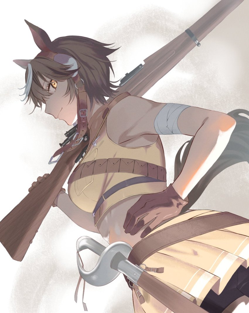 1girl animal_ears aro_16666 bandaged_arm bandages breasts brown_eyes brown_gloves brown_hair closed_mouth commission crop_top from_below gloves gun hand_on_own_hip highres holding holding_gun holding_weapon horse_ears horse_girl horse_tail indie_virtual_youtuber over_shoulder pleated_skirt rifle saber_(weapon) second-party_source sheath sheathed shirt skeb_commission skirt sleeveless sleeveless_shirt solo sword tail tomoe_umari virtual_youtuber weapon weapon_over_shoulder yellow_shirt yellow_skirt