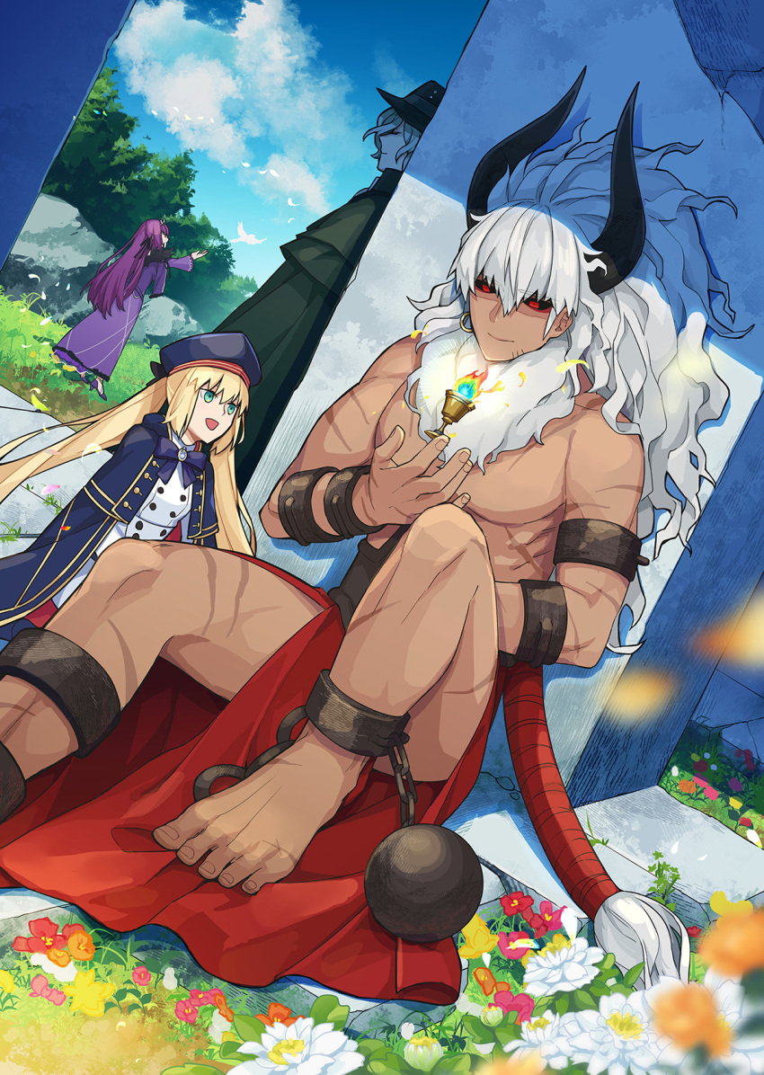 2boys 2girls artoria_caster_(fate) artoria_caster_(second_ascension)_(fate) artoria_pendragon_(fate) asterios_(fate) barefoot black_cape black_hat black_horns black_sclera blonde_hair blue_bow blue_bowtie blue_cape blue_hat blue_sky bow bowtie cape closed_mouth cloud colored_sclera commentary_request cow_horns dark-skinned_male dark_skin day dress edmond_dantes_(fate) fate/grand_order fate_(series) floating floating_object flower gold_trim grass green_eyes hair_between_eyes hat height_difference highres horns jest_ht90 long_hair multiple_boys multiple_girls multiple_scars muscular muscular_male open_mouth orange_flower outdoors pink_flower purple_dress purple_hair red_eyes red_flower scar scathach_(fate) scathach_skadi_(fate) shadow sitting sky smile toenails toes topless_male twintails very_long_hair white_dress white_flower white_hair