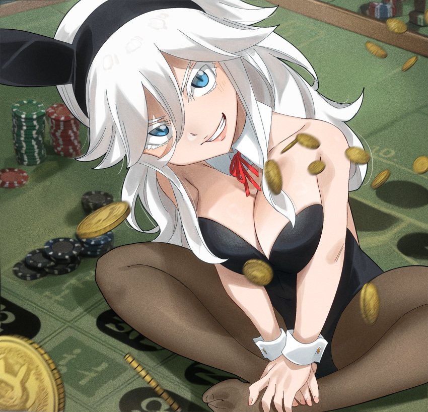 1girl animal_ears bare_shoulders black_leotard black_pantyhose blue_eyes breasts cleavage coin detached_collar eden's_zero film_grain gaston18 gold_coin highres large_breasts leotard long_hair looking_at_viewer neck_ribbon pantyhose playboy_bunny poker_chip poker_table rabbit_ears red_ribbon ribbon sister_ivry sitting smile solo strapless strapless_leotard table white_eyebrows white_hair white_wrist_cuffs wrist_cuffs