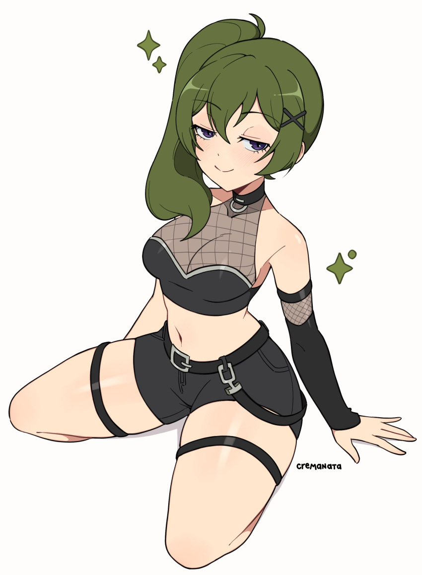 1girl absurdres artist_name bare_shoulders belt black_belt black_choker black_shirt black_shorts black_sleeves breasts choker cleavage cremanata crop_top detached_sleeves green_eyes highres kneeling large_breasts looking_at_viewer narrowed_eyes navel purple_eyes shirt short_shorts shorts side_ponytail simple_background sleeveless sleeveless_shirt solo sousou_no_frieren thigh_strap ubel_(sousou_no_frieren) white_background