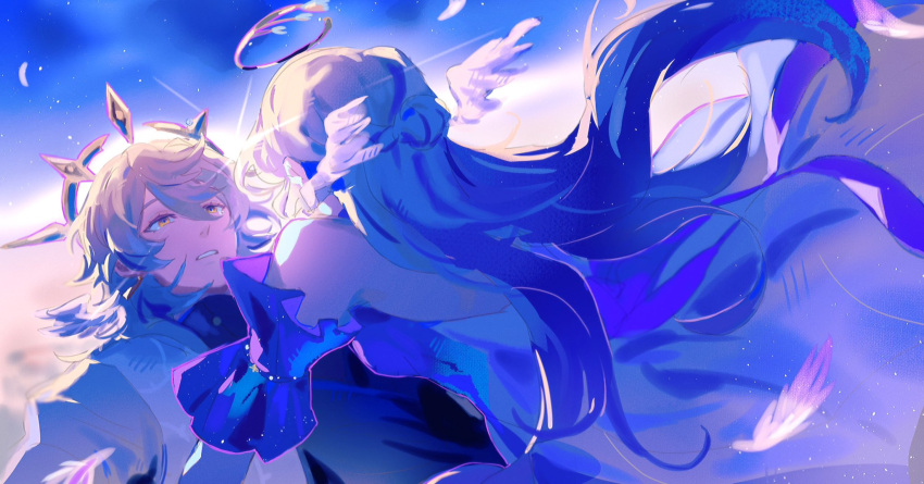 1boy 1girl above_clouds bare_shoulders brother_and_sister cloud detached_sleeves dress falling feathered_wings feathers hair_bun halo hapyunbday head_wings highres honkai:_star_rail honkai_(series) long_hair medium_hair parted_lips purple_hair purple_sleeves reaching reaching_towards_another robin_(honkai:_star_rail) siblings sky spiked_halo sunday_(honkai:_star_rail) surprised vest white_dress white_hair white_vest wings yellow_eyes