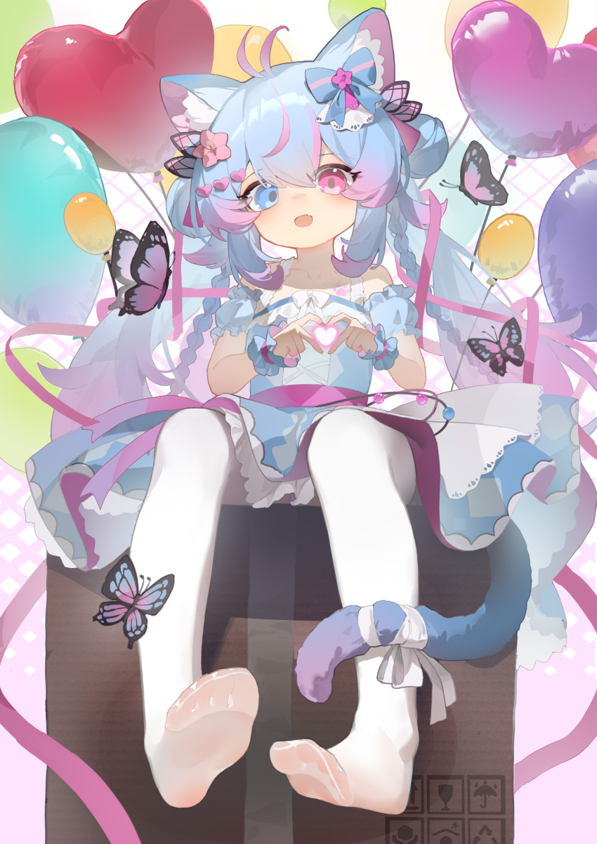 1girl absurdres animal_ears balloon blue_dress blue_eyes blue_hair box bug butterfly cardboard_box cat_ears cat_tail dress fang feet full_body heart heart_hands heterochromia highres kele_mimi long_hair multicolored_hair no_shoes open_mouth original pink_eyes pink_hair pink_ribbon ribbon sitting soles solo tail thighhighs white_thighhighs