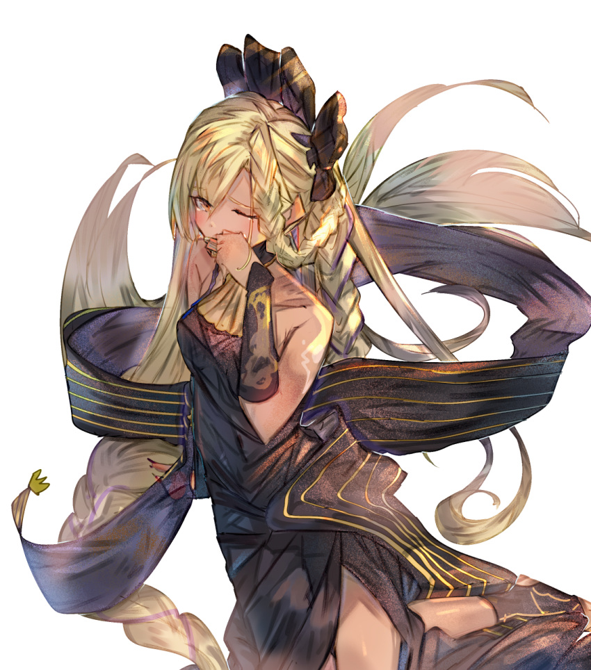 1girl absurdly_long_hair black_dress blonde_hair braid dark-skinned_female dark_skin dress granblue_fantasy helel_ben_shalem highres long_braid long_hair pacifier solo tota_(sizukurubiks) very_long_hair