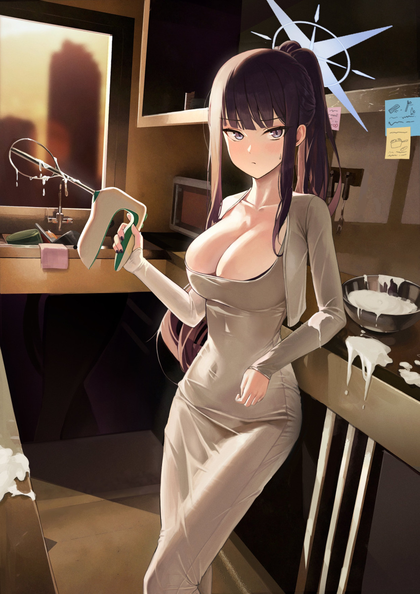 1girl :/ absurdres black_hair black_nails blue_archive blue_eyes blue_halo blush breasts cleavage closed_mouth commentary covered_navel cropped_jacket dongtan_dress dress english_commentary feet_out_of_frame fingernails grey_dress grey_jacket hallo_(rltkdydrltk) halo highres holding indoors jacket kitchen large_breasts long_hair long_sleeves looking_at_viewer meme_attire microwave mixer_(cooking) mixing_bowl nail_polish ponytail saori_(blue_archive) sink sleeves_past_wrists solo standing sticky_note suggestive_fluid sweatdrop taut_clothes taut_dress very_long_hair window