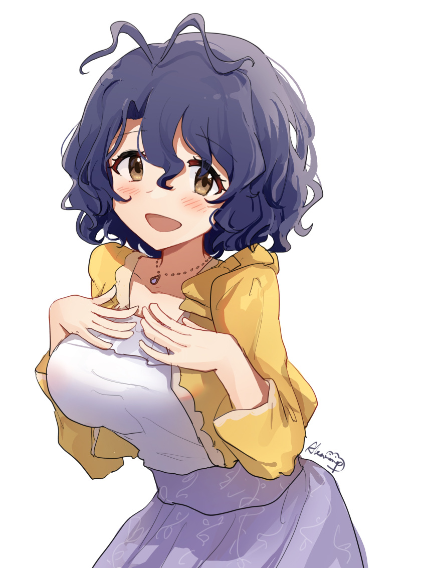 1girl absurdres antenna_hair blue_hair blush breasts brown_eyes collarbone hands_on_own_breasts highres idolmaster idolmaster_million_live! idolmaster_million_live!_theater_days jacket jewelry large_breasts long_sleeves looking_at_viewer necklace nnnn open_clothes open_jacket open_mouth purple_skirt shirt short_hair signature simple_background skirt smile solo toyokawa_fuka upper_body wavy_hair white_background white_shirt yellow_jacket