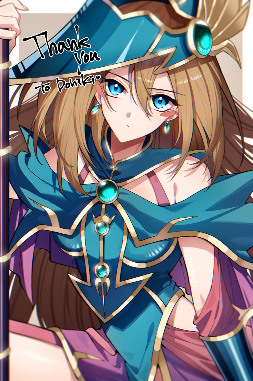 1girl bare_shoulders blue_eyes blush_stickers breasts brown_hair commission dress duel_monster earrings green_dress green_hat hat highres jewelry long_hair looking_at_viewer magician's_valkyria medium_breasts pink_skirt skeb_commission skirt solo upper_body yoshio_296 yu-gi-oh!
