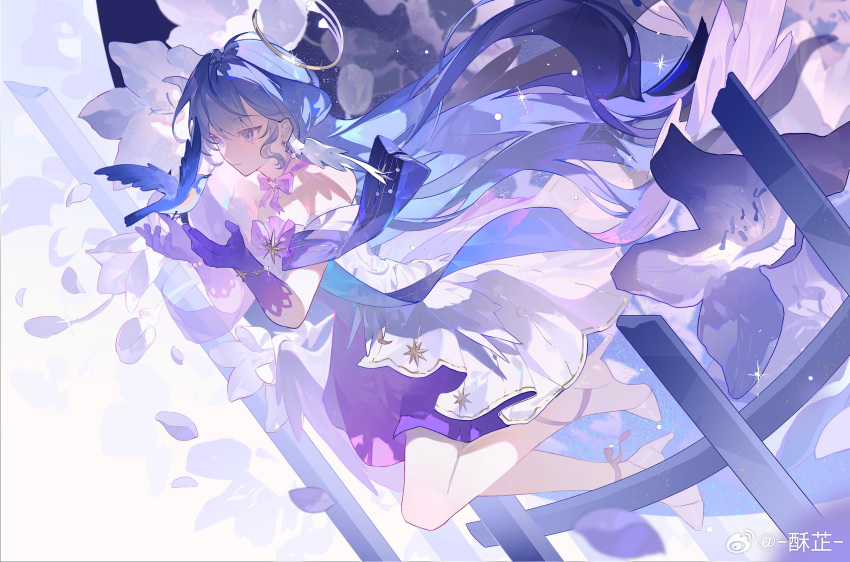 1girl absurdres aqua_eyes bare_shoulders bead_bracelet beads bird bow bowtie bracelet closed_mouth detached_sleeves dress earrings floating_hair gloves halo head_wings high_heels highres honkai:_star_rail honkai_(series) jewelry long_hair looking_at_animal official_alternate_costume purple_bow purple_bowtie purple_dress purple_gloves purple_hair robin_(honkai:_star_rail) short_sleeves smile su_zhi two-tone_dress white_dress white_footwear white_wings wings