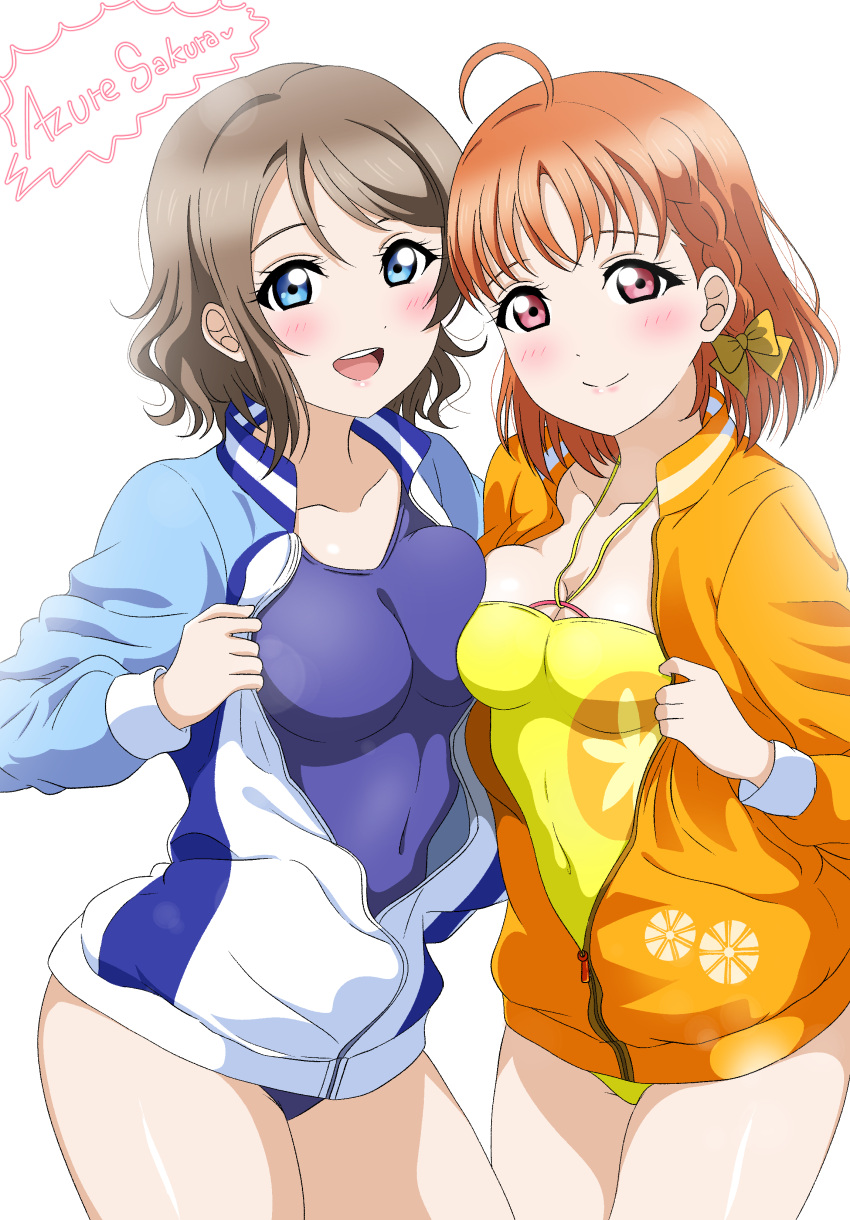 2girls absurdres ahoge azuresakura blue_eyes blue_one-piece_swimsuit bow braid breasts casual_one-piece_swimsuit commission competition_swimsuit covered_navel curvy grey_hair highres jacket love_live! love_live!_sunshine!! medium_breasts multicolored_clothes multicolored_jacket multiple_girls one-piece_swimsuit open_mouth orange_hair orange_jacket pixiv_commission red_eyes short_hair side_braid simple_background smile swimsuit takami_chika teeth track_jacket upper_teeth_only watanabe_you white_background yellow_bow yellow_swimsuit