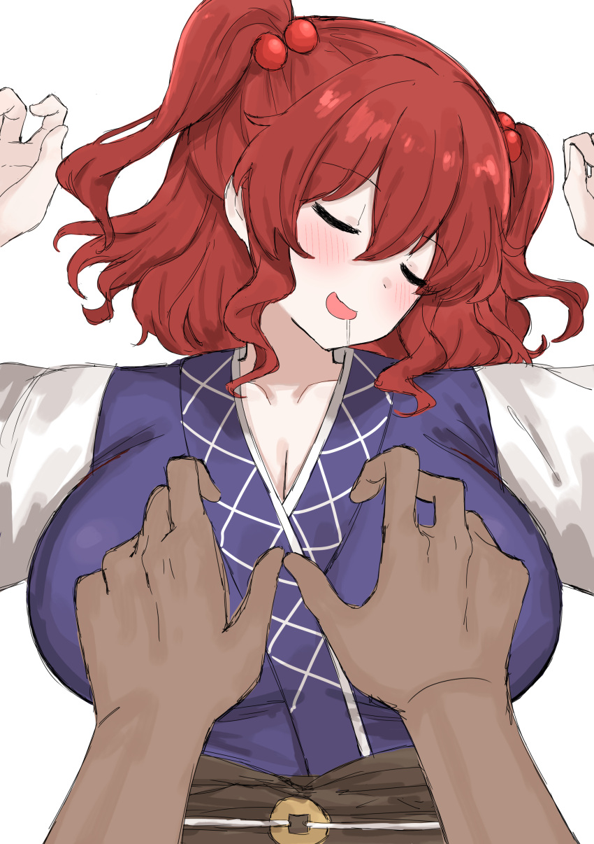 1boy 1girl absurdres blush breasts coin drooling hair_bobbles hair_ornament highres kumiyabe large_breasts obi onozuka_komachi open_mouth red_eyes red_hair sash simple_background sleeping solo_focus touhou two_side_up upper_body white_background