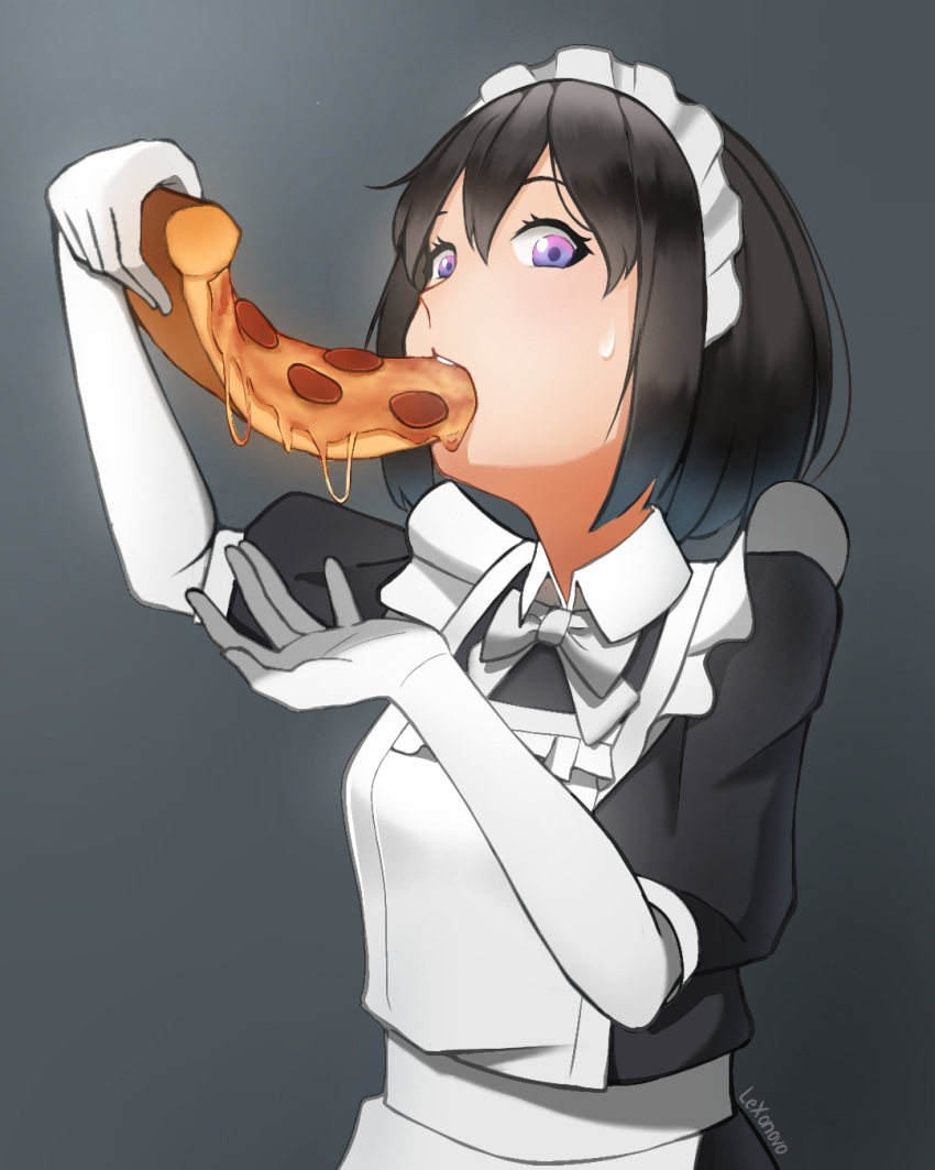 1girl apron arm_up artist_name black_dress black_hair bow bowtie breasts collared_dress commentary double-parted_bangs dress eating elbow_gloves english_commentary eyelashes food frilled_apron frills gloves grey_background hair_between_eyes hand_up highres holding holding_food holding_pizza lexonovo long_bangs looking_at_viewer looking_down looking_to_the_side maid maid_apron maid_headdress original pizza puffy_short_sleeves puffy_sleeves purple_eyes short_hair short_sleeves sideways_glance signature solo sweatdrop upper_body white_apron white_bow white_bowtie white_gloves