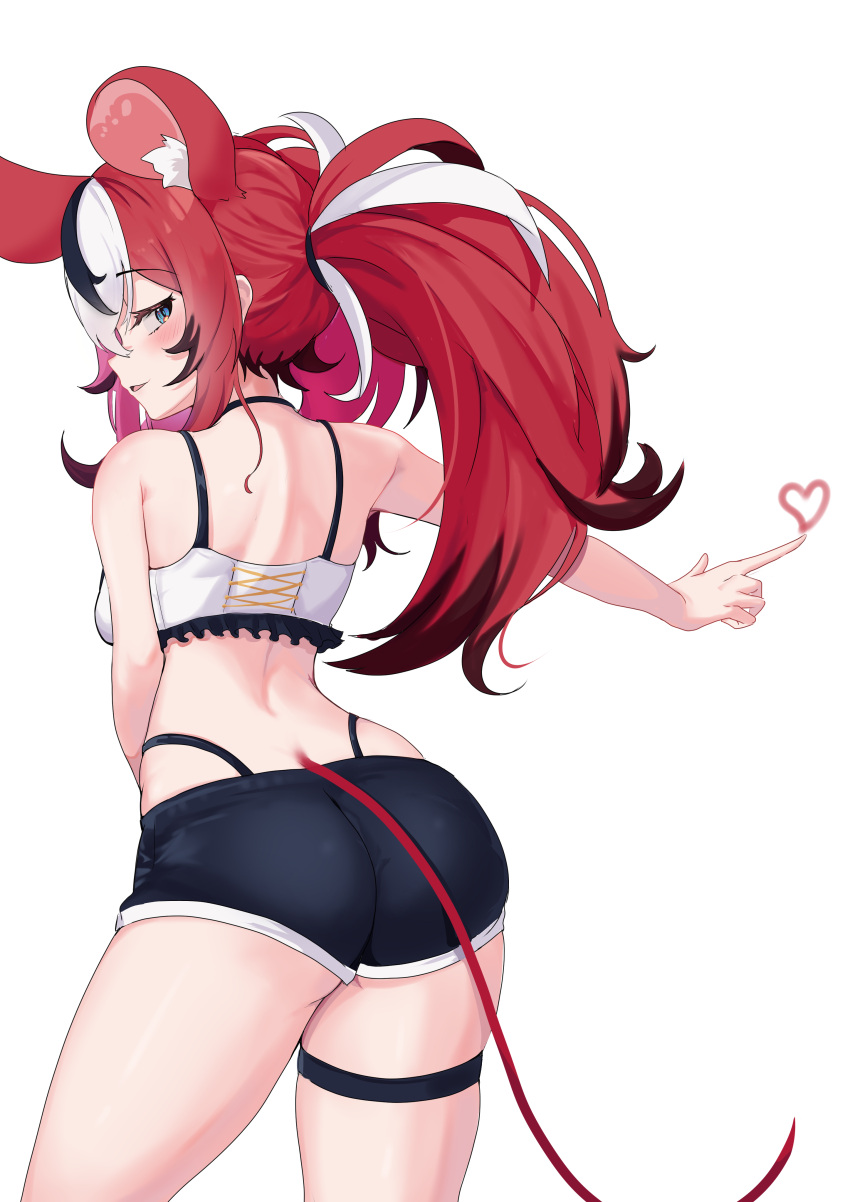 1girl absurdres animal_ear_fluff animal_ears ass back bare_shoulders black_hair black_shorts blue_eyes blush breasts cafelittle cowboy_shot crop_top from_behind hair_between_eyes hakos_baelz heart highres hololive hololive_english long_hair looking_at_viewer looking_back median_furrow midriff mouse_ears mouse_tail multicolored_hair open_mouth red_hair short_shorts shorts simple_background smile solo streaked_hair tail thigh_strap thighs underwear virtual_youtuber white_background white_hair