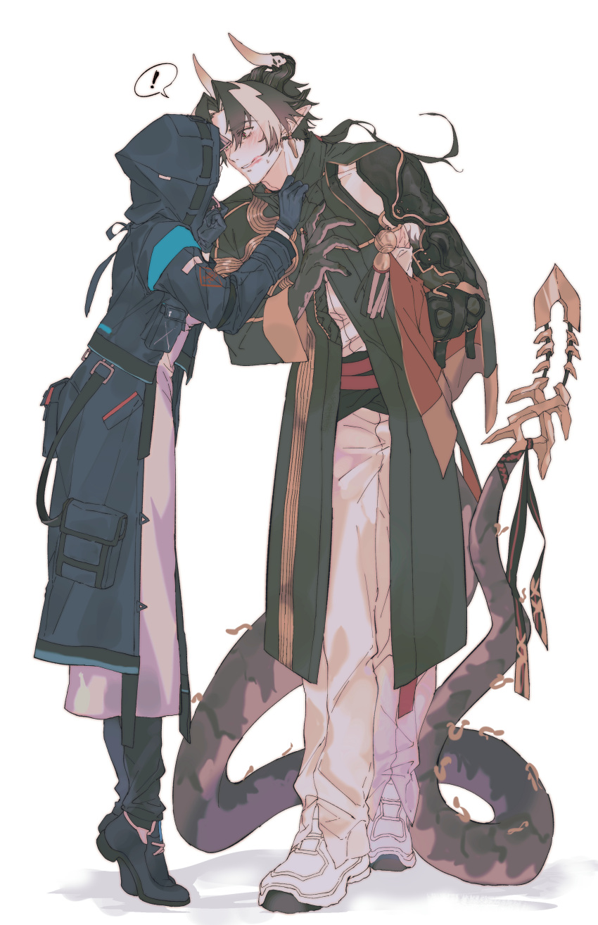 ! 1boy 1girl absurdres after_kiss arknights armor black_coat black_gloves black_hair black_nails blush brown_hair chinese_clothes chong_yue_(arknights) coat collar_grab colored_extremities doctor_(arknights) dragon_boy dragon_horns dragon_tail earrings facing_another female_doctor_(arknights) full_body gloves gradient_hair grin hands_up hetero high_collar highres hood hood_up hooded_coat horns jewelry lipstick_mark lipstick_mark_on_face long_hair long_sleeves long_tail looking_at_another low_ponytail multicolored_eyes multicolored_hair pants pauldrons pointy_ears red_eyes rerebrace shadow shoes shoulder_armor simple_background single_pauldron single_sleeve smile sneakers spoken_exclamation_mark streaked_hair tail tiptoes walhee221 white_background white_footwear white_pants wide_sleeves