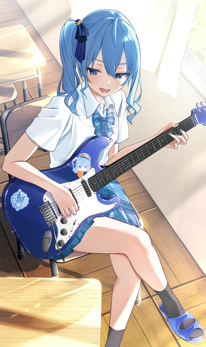 1girl absurdres aogami_high_school_uniform black_socks blue_eyes blue_hair blue_nails bow bowtie classroom crossed_legs desk electric_guitar fender_stratocaster from_above guitar hair_between_eyes highres hololive hoshimachi_suisei indoors instrument long_hair nisi_ki_no open_mouth plaid plaid_bow plaid_bowtie plaid_skirt pleated_skirt revision sandals school_desk school_uniform shirt short_sleeves side_ponytail sidelocks sitting skirt socks sticker virtual_youtuber white_shirt