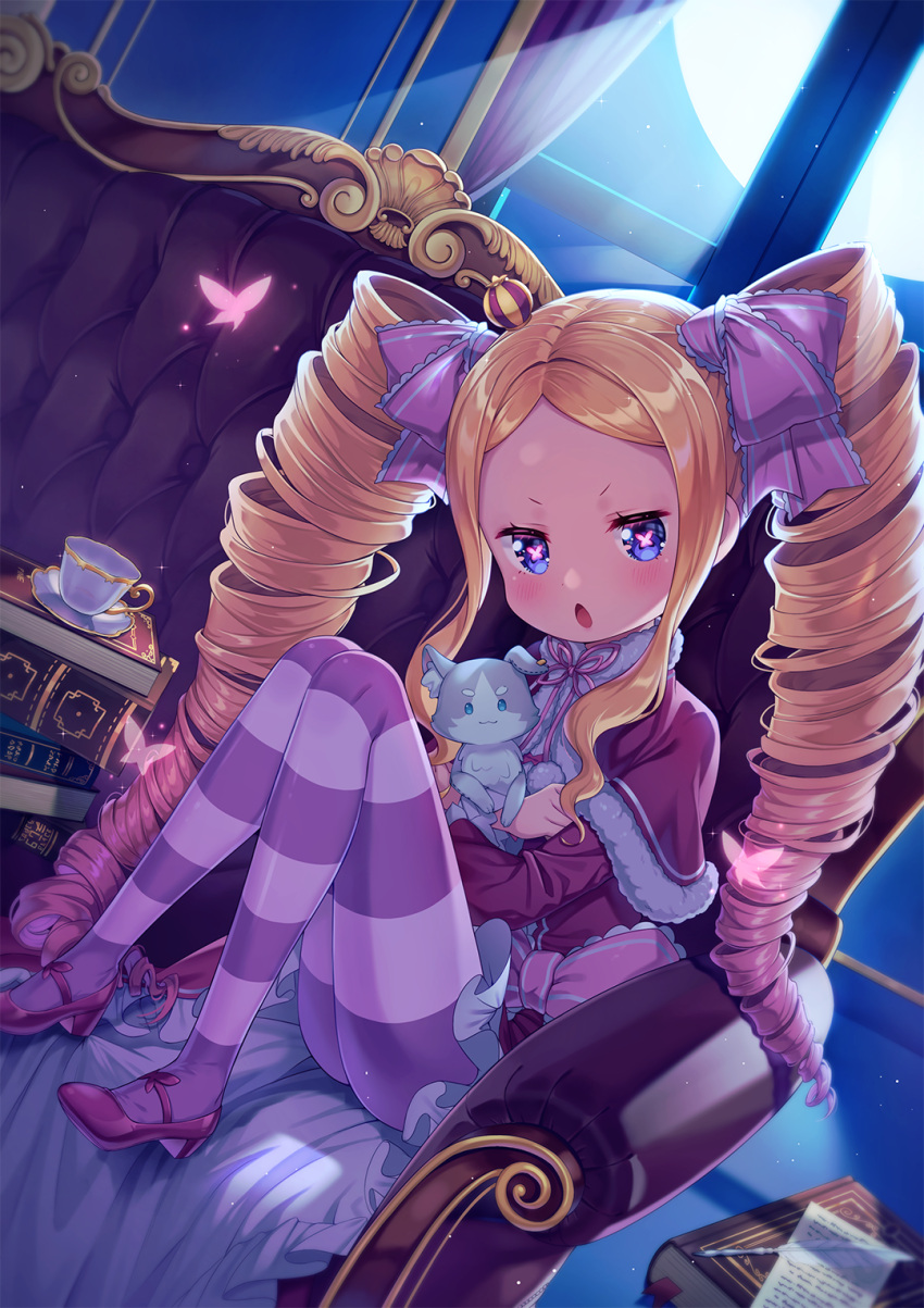 1girl :o beatrice_(re:zero) blonde_hair blue_eyes blush book bow bug butterfly capelet character_doll crown cup dress drill_hair forehead hair_ribbon highres indoors insect knees_up long_hair long_sleeves looking_at_viewer mini_crown night open_mouth pantyhose pine_(angel4195202) pink_butterfly puck_(re:zero) re:zero_kara_hajimeru_isekai_seikatsu ribbon sitting striped striped_legwear symbol-shaped_pupils twin_drills twintails window
