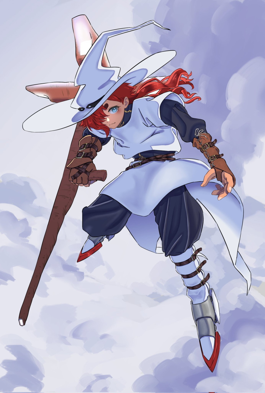 1girl above_clouds belt black_pants black_shirt blue_eyes brown_gloves cloud fingerless_gloves flying gloves gundam gundam_suisei_no_majo hair_over_one_eye hat highres killtenshi pants red_hair shirt skirt solo suletta_mercury white_hat white_skirt white_tunic witch_hat