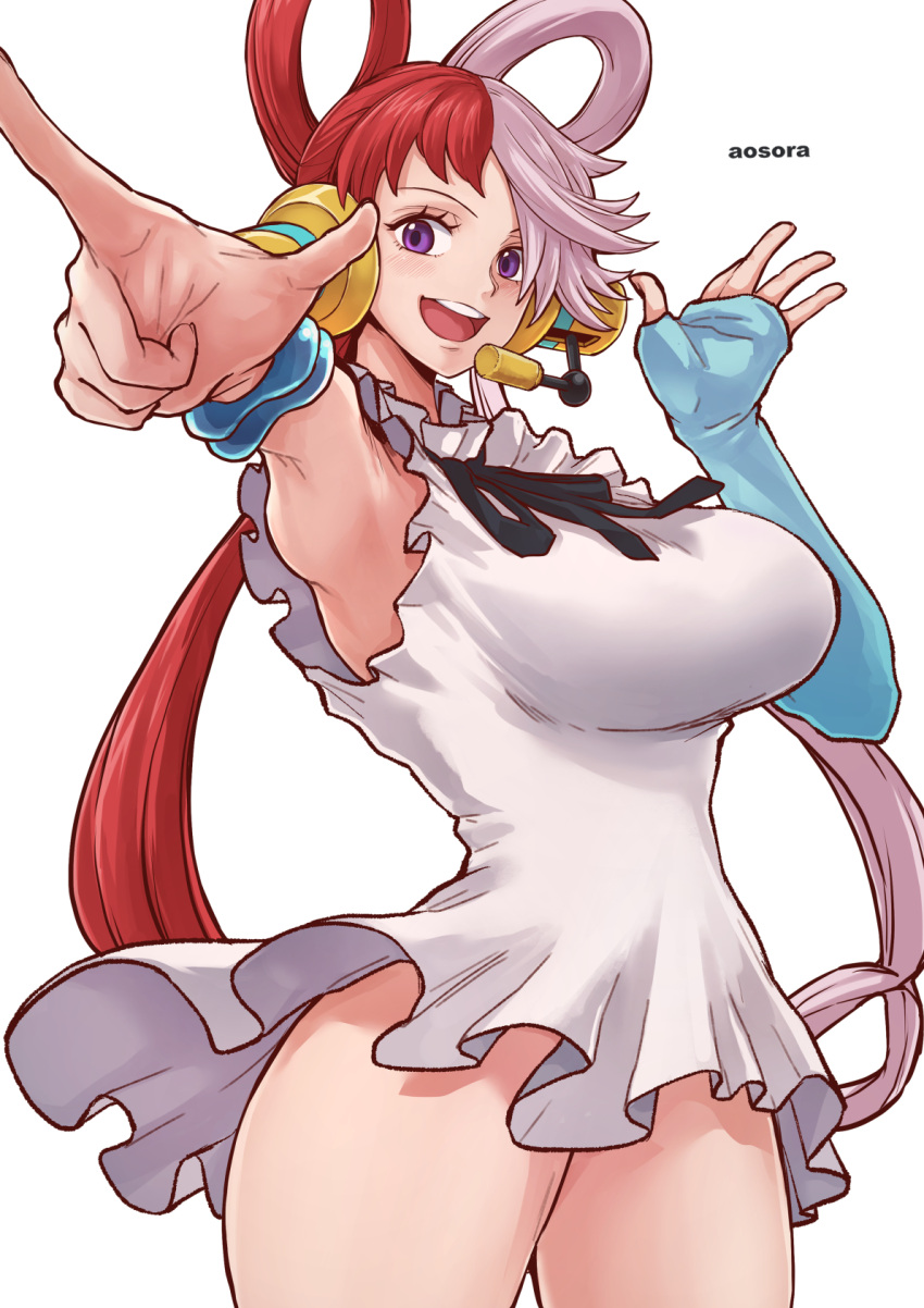 1girl aosora2823 armpits breasts cowboy_shot dress elbow_gloves gloves hair_rings highres large_breasts looking_at_viewer multicolored_hair one_piece open_mouth purple_eyes red_hair simple_background single_elbow_glove smile solo thighs two-tone_hair uta_(one_piece) white_background white_dress white_hair