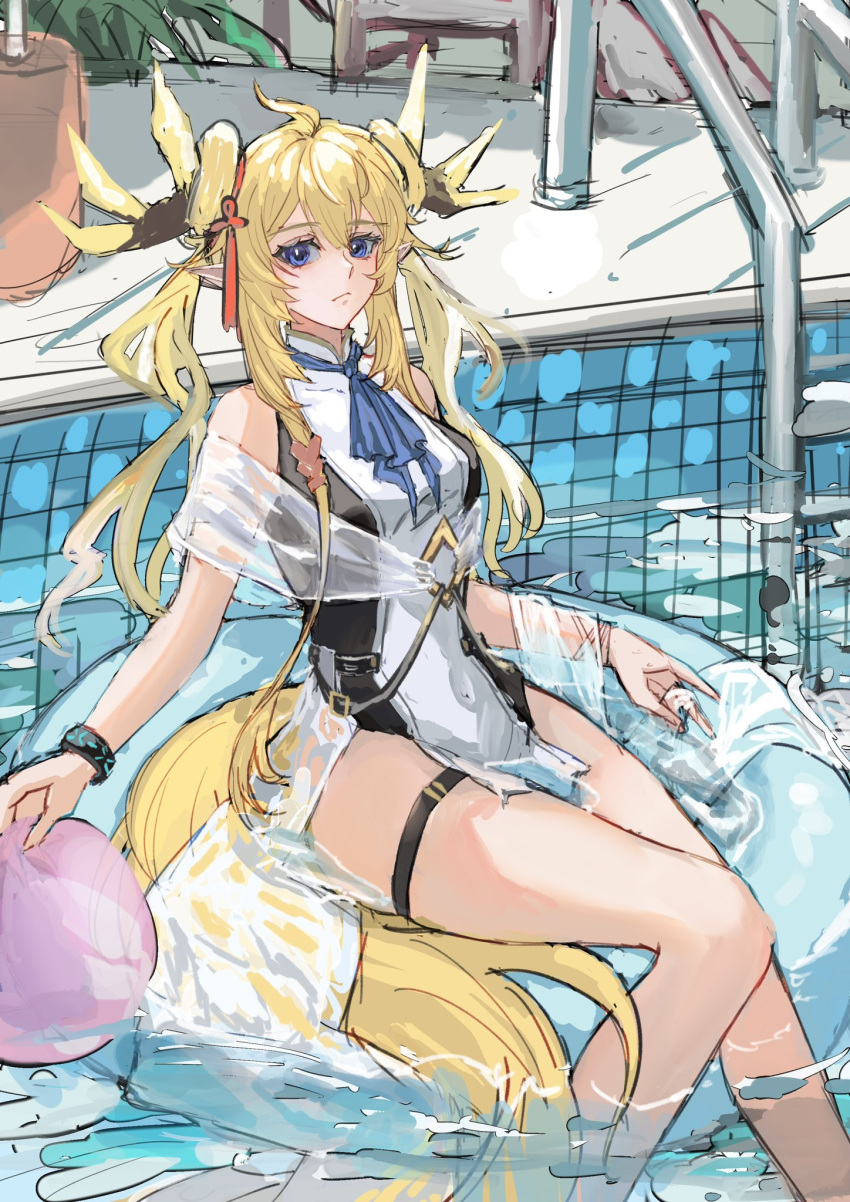 1girl afloat ahoge alternate_costume arknights ascot ball beachball blonde_hair blue_ascot blue_eyes breasts closed_mouth double_bun expressionless feet_out_of_frame hair_bun hair_ribbon highres horns infection_monitor_(arknights) innertube leizi_(arknights) long_hair looking_at_viewer medium_breasts on_innertube one-piece_swimsuit pointy_ears pool red_ribbon ribbon sidelocks soaking_feet solo swim_ring swimsuit swimsuit_cover-up tail thigh_strap thighs turmeric_mie wristband