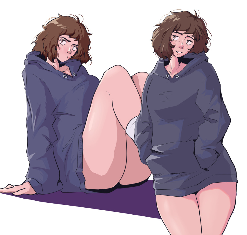 1girl alternate_costume brown_eyes brown_hair dentedhood grey_hoodie grey_sweater highres hood hoodie kawakami_sadayo loose_socks medium_hair messy_hair persona persona_5 pout simple_background socks solo sweater thick_thighs thighs white_background