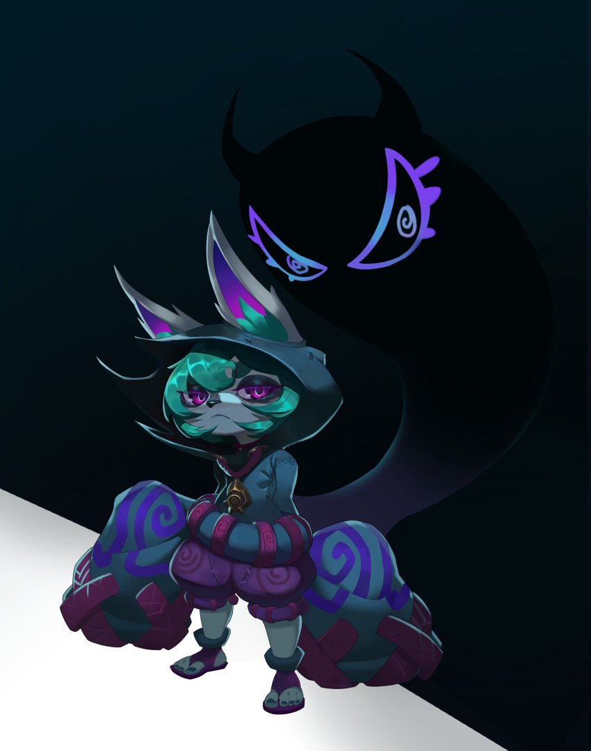 1girl absurdres animal_ears black_background black_hoodie ears_through_headwear frown full_body green_hair highres hood hood_up hoodie league_of_legends nail_polish oversized_clothes pants purple_pants roxy_thefoxy sandals short_hair sleeves_past_fingers sleeves_past_wrists standing toenail_polish toenails vex_(league_of_legends) vex_shadow_(league_of_legends)