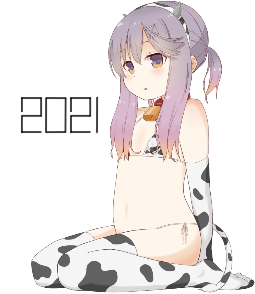 1girl 2021 animal_print bell bikini blush chinese_zodiac collar cow_horns cow_print cow_print_bikini elbow_gloves flat_chest gloves gradient_hair hair_ornament hairband hairclip highres horns kantai_collection long_hair looking_to_the_side multicolored_hair navel neck_bell orange_hair parted_lips print_bikini purple_eyes purple_hair short_ponytail sidelocks sitting soba_(sobaya1938) solo swimsuit thighhighs tsushima_(kancolle) two-tone_hair year_of_the_ox