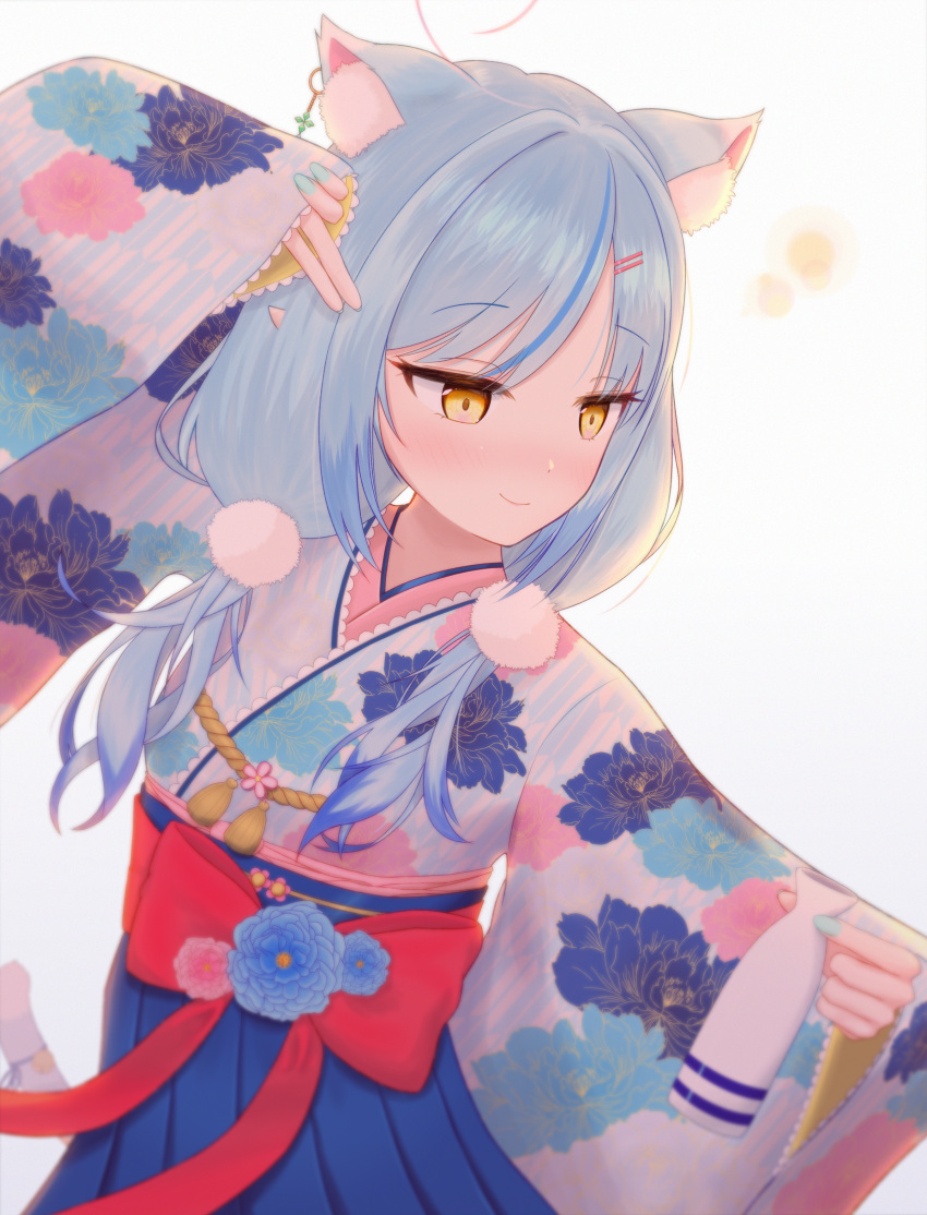 1girl absurdres ahoge aimai_elegy_(deco27) animal_ears bangs blue_hair blue_hakama blue_nails blush bottle cat_ears cat_girl cat_tail closed_mouth cowboy_shot ear_piercing eyelashes floral_print furisode hair_between_eyes hair_ornament hairclip hakama heart_ahoge highres holding holding_bottle hololive huge_filesize japanese_clothes kimono long_hair looking_at_object looking_away multicolored_hair nail_polish piercing smile solo streaked_hair tail tokkuri virtual_youtuber yaqua yukihana_lamy