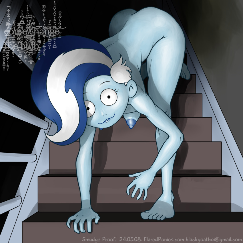 ambiguous_gender basement blue_body blue_skin butt crawling feet ghost ghoul_school hanna-barbera hi_res humanoid looking_at_viewer nipples phantasma_(ghoul_school) scooby-doo_(series) smudge_proof solo spirit stairs text toes zalgo_text