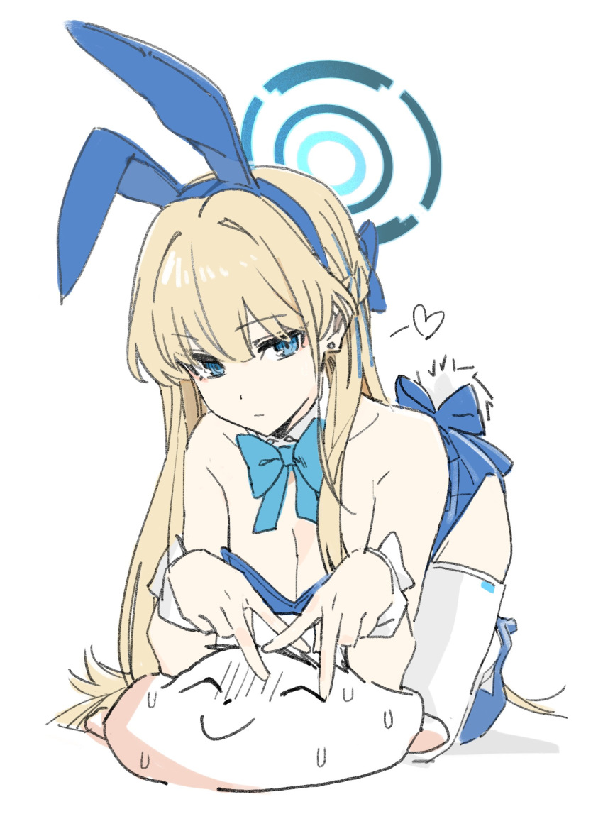 1boy 1girl animal_ears blonde_hair blue_archive blue_bow blue_bowtie blue_eyes blue_footwear blue_hair blue_halo blue_leotard bow bowtie braid breasts cleavage closed_mouth detached_collar doodle_sensei_(blue_archive) fake_animal_ears fake_tail halo heart high_heels highres large_breasts leotard long_hair looking_at_viewer multicolored_hair official_alternate_costume rabbit_ears rabbit_tail sensei_(blue_archive) simple_background strapless strapless_leotard streaked_hair tail takok_(kalaok39188) thighhighs toki_(blue_archive) toki_(bunny)_(blue_archive) white_background white_thighhighs wrist_cuffs