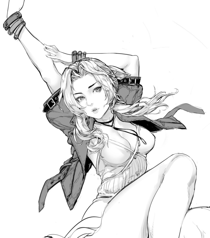 aerith_gainsborough armlet belt breasts choker cleavage dress final_fantasy final_fantasy_vii final_fantasy_vii_rebirth final_fantasy_vii_remake greyscale hair_ribbon hands_up highres jacket lips looking_to_the_side medium_breasts monochrome multiple_belts narrow_waist open_mouth parted_lips ribbon robot_cat_(robotcatart) thighs