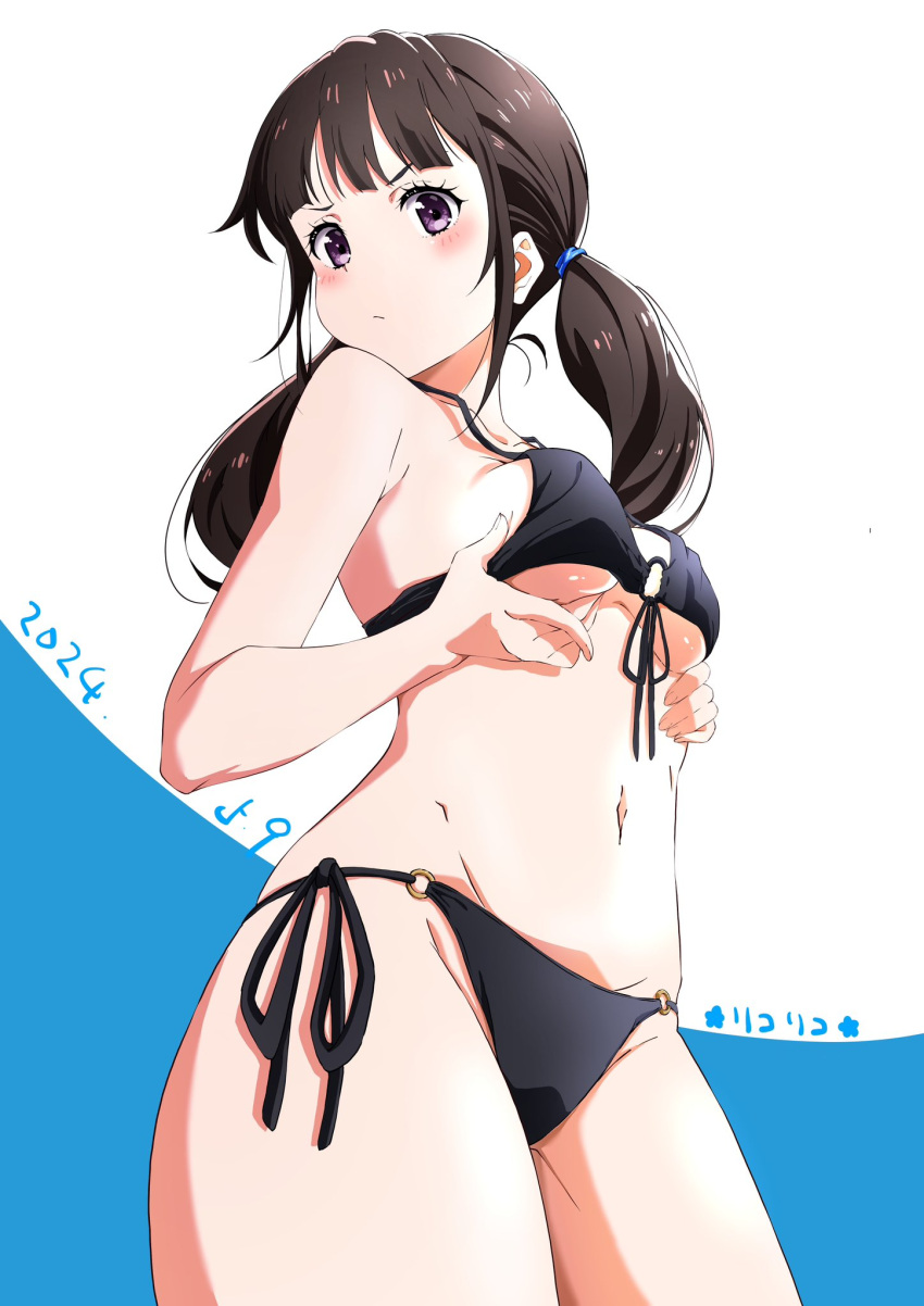 1girl bikini black_bikini black_hair breasts cowboy_shot dated highres inoue_takina long_hair looking_at_viewer low_twintails lycoris_recoil medium_breasts navel purple_eyes side-tie_bikini_bottom solo stomach swimsuit tsuji643163271 twintails v-shaped_eyebrows