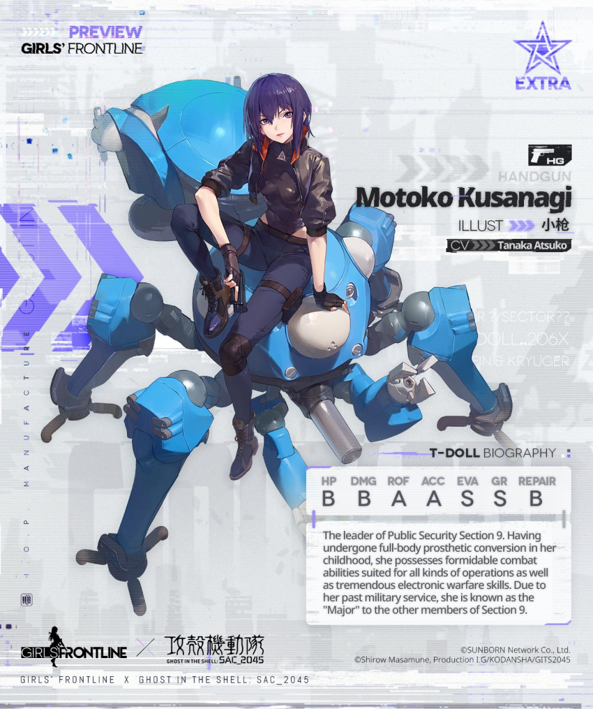 1girl 1other crossover cyberpunk english_text fingerless_gloves ghost_in_the_shell ghost_in_the_shell:_sac_2045 girls'_frontline gloves gun handgun highres holding holding_gun holding_weapon jacket kusanagi_motoko leotard looking_at_viewer mecha non-humanoid_robot official_art purple_eyes purple_hair robot science_fiction short_hair spider_tank tachikoma trigger_discipline walker_(robot) weapon