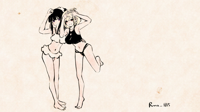 2girls absurdres artist_name barefoot bikini black_bikini black_hair blonde_hair bob_cut breasts closed_mouth commentary frilled_bikini frills full_body hair_ornament hair_scrunchie hand_up hands_up highres inoue_takina large_breasts long_hair looking_at_viewer lycoris_recoil multiple_girls navel nishikigi_chisato one_side_up open_mouth ponytail purple_eyes red_eyes rnna scrunchie short_hair sidelocks small_breasts stomach swimsuit symbol-only_commentary white_bikini white_scrunchie yuri