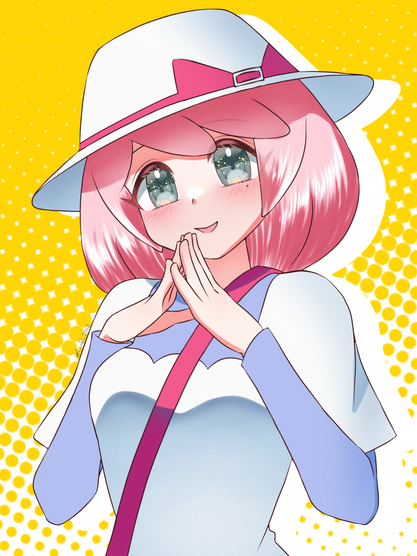 1girl :d blush hat highres long_sleeves looking_at_viewer mole mole_under_eye open_mouth pink_hair pokemon pokemon_bw2 shirt smile solo steepled_fingers tyobi_2002 upper_body white_hat white_shirt yancy_(pokemon) yellow_background