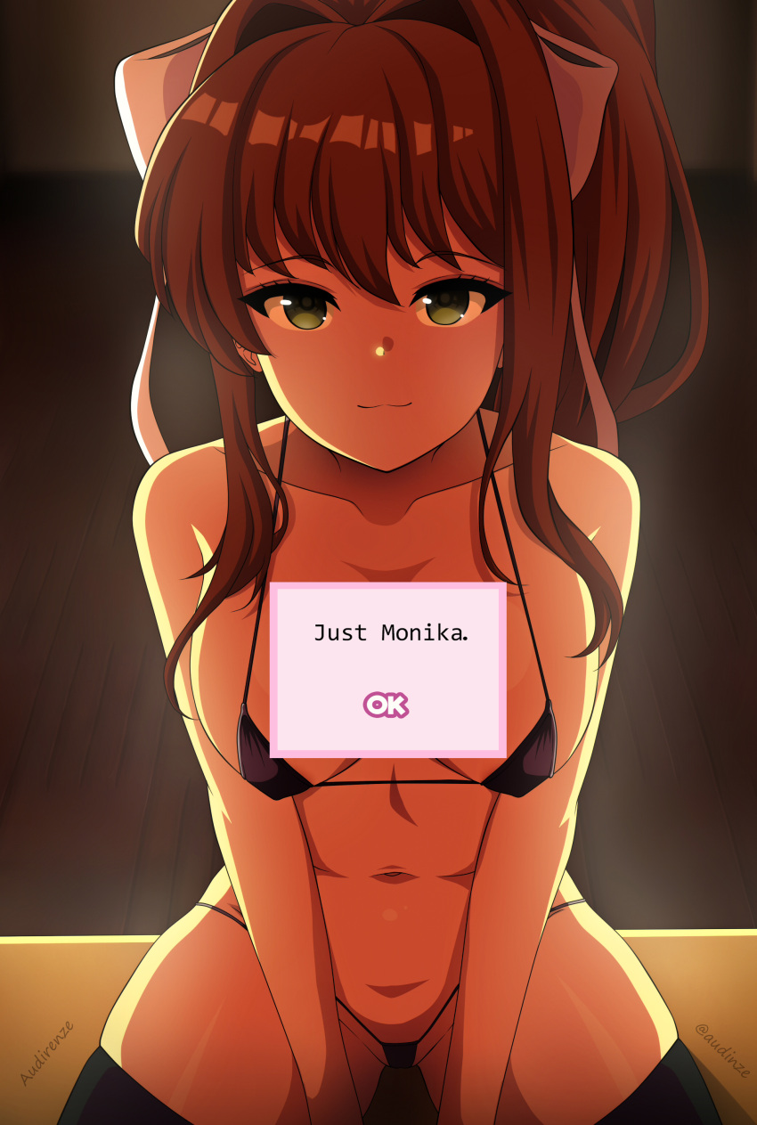 1girl absurdres audirenze bikini black_bikini black_thighhighs blush bow breasts brown_hair closed_mouth covered_nipples doki_doki_literature_club english_text green_eyes hair_bow highres large_breasts long_hair looking_at_viewer micro_bikini monika_(doki_doki_literature_club) navel ponytail smile solo swimsuit thighhighs white_bow