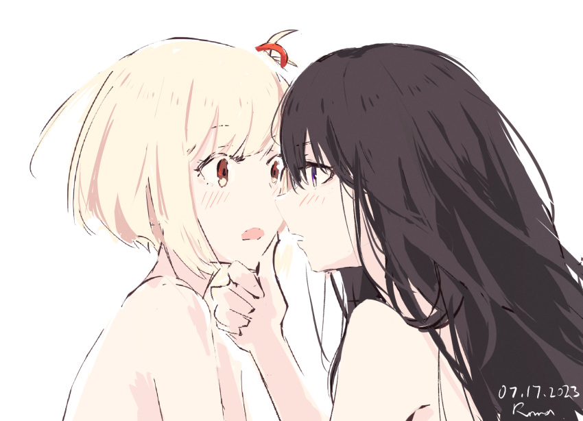 2girls artist_name black_hair blonde_hair blush dated eye_contact hair_between_eyes hair_ribbon hand_on_another's_chin highres imminent_kiss inoue_takina looking_at_another lycoris_recoil multiple_girls nishikigi_chisato one_side_up open_mouth purple_eyes red_eyes red_ribbon ribbon rnna short_hair simple_background upper_body white_background yuri