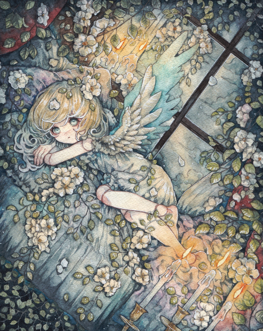 1girl angel angel_wings barefoot bed blonde_hair blue_eyes candle candlestand closed_mouth doll doll_joints dress expressionless feathered_wings flower highres joints leaf long_hair looking_at_viewer lying original painting_(medium) pillow plant rusetsuksr solo traditional_media vines watercolor_(medium) white_flower white_wings window wings