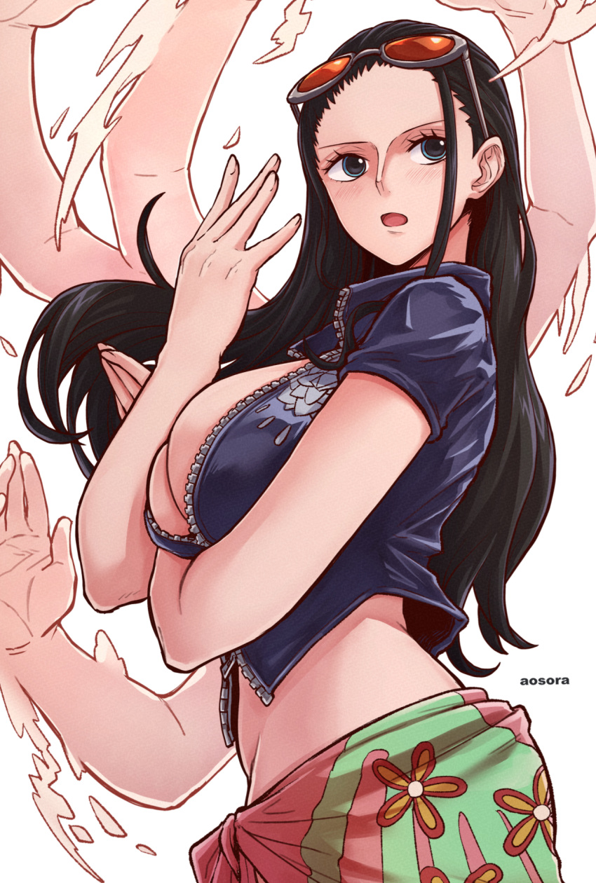 aosora2823 arm_under_breasts artist_name black_hair blue_eyes blush breasts cropped_vest eyewear_on_head forehead highres large_breasts long_hair midriff multiple_hands nico_robin one_piece open_mouth sarong simple_background solo sunglasses upper_body vest white_background