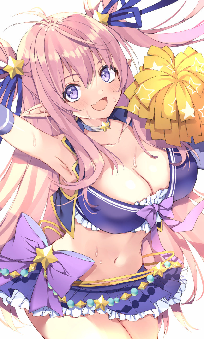 1girl aicha bikini bikini_skirt bow bow_bikini breasts cheerleader choker cleavage cropped_vest elf frilled_bikini frills hair_ornament hair_rings hatsune_(princess_connect!) hatsune_(summer)_(princess_connect!) highres holding holding_pom_poms large_breasts open_clothes open_mouth open_vest pointy_ears pom_pom_(cheerleading) princess_connect! purple_bikini purple_ribbon ribbon solo star_(symbol) star_choker star_hair_ornament sweat swimsuit vest