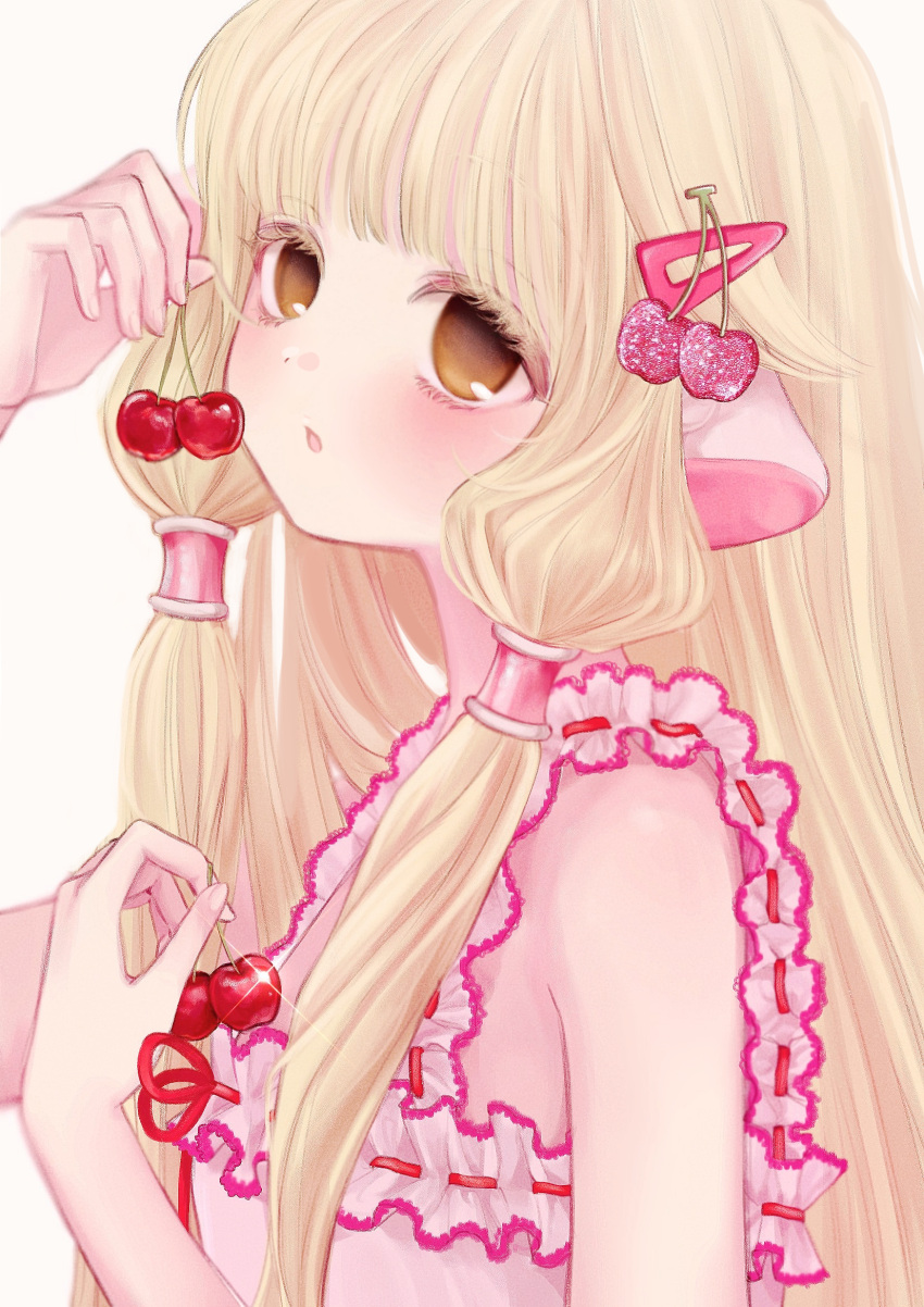 1girl blonde_hair blush brown_eyes cherry cherry_hair_ornament chii chobits dress flat_chest food food-themed_hair_ornament fruit hair_ornament hair_tubes hairclip highres holding holding_food holding_fruit long_hair looking_at_viewer mipi_(u3u_00) open_mouth pink_dress robot_ears simple_background upper_body white_background