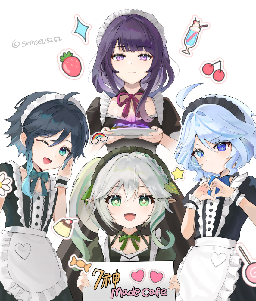 1boy 3girls absurdres apron aqua_eyes black_hair blue_bow blue_bowtie blue_eyes blue_hair bow bowtie braid breasts closed_mouth food furina_(genshin_impact) genshin_impact gradient_hair green_bow green_bowtie green_eyes green_ribbon hair_between_eyes hair_ornament heart heart_hands heterochromia highres holding holding_plate long_hair looking_at_viewer maid maid_apron maid_headdress medium_breasts mole mole_under_eye multicolored_hair multiple_girls nahida_(genshin_impact) one_eye_closed open_mouth pink_bow pink_bowtie plate purple_eyes purple_hair raiden_shogun ribbon samseu smile symbol-shaped_pupils tassel twin_braids venti_(genshin_impact) white_hair