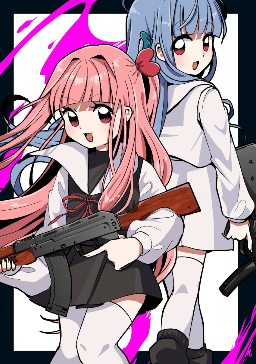 2girls :d back-to-back black_shirt black_skirt blue_bow blue_hair blunt_bangs blush bow dot_nose feet_out_of_frame gun h&amp;k_mp5 hair_bow hair_intakes highres holding holding_gun holding_weapon kalashnikov_rifle kotonoha_akane kotonoha_aoi long_sleeves looking_at_viewer miniskirt multiple_girls neck_ribbon one_side_up open_mouth oyasumi_makura pink_hair pleated_skirt red_bow red_eyes red_ribbon ribbon sailor_collar school_uniform serafuku shirt sidelocks skirt smile submachine_gun thighhighs voiceroid weapon white_sailor_collar white_serafuku white_shirt white_skirt white_thighhighs zettai_ryouiki