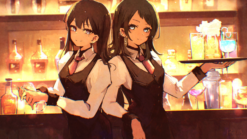 2girls absurdres bang_dream! bang_dream!_it's_mygo!!!!! bartender black_hair black_vest blush bottle closed_mouth commentary commission cup dated drinking_glass earclip earrings english_commentary highres holding holding_cup jewelry long_hair long_sleeves looking_at_viewer medium_hair mole mole_under_eye multiple_girls purple_eyes rnna shiina_taki shirt signature textless_version twitter_username vest white_eyes white_shirt yahata_umiri