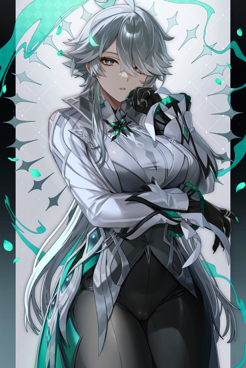 1girl ahoge alhaitham_(genshin_impact) alpaitham arm_across_waist breasts brooch cameltoe commentary_request earrings eyelashes frilled_sleeves frills genderswap genderswap_(mtf) genshin_impact gloves grey_hair hair_between_eyes hair_over_one_eye hand_on_own_chin highres jewelry large_breasts long_bangs long_hair long_sleeves looking_at_viewer pants parted_lips shiny_clothes shirt solo sparkle tight_clothes tight_pants very_long_hair