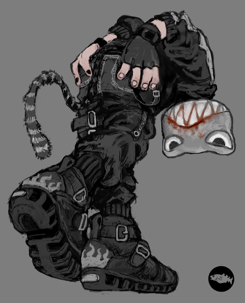 1other animal_head black_footwear black_pants black_shirt blood fingerless_gloves full_body gloves grey_background highres mask mettaflix multicolored_nails original pants partially_colored shirt solo