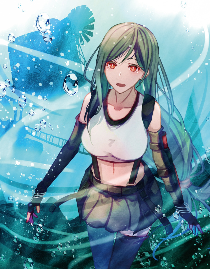 1girl air_bubble bare_shoulders black_gloves black_hair black_skirt black_thighhighs breasts bridge bubble collarbone commentary_request cowboy_shot crop_top earrings elbow_gloves final_fantasy final_fantasy_vii final_fantasy_vii_rebirth final_fantasy_vii_remake fingerless_gloves gloves highres jewelry large_breasts light_particles long_hair low-tied_long_hair midriff mirrorclew navel open_mouth red_eyes single_arm_guard single_earring skirt solo suspender_skirt suspenders tank_top thighhighs tifa_lockhart underwater very_long_hair water water_tank white_tank_top