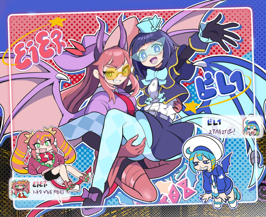 2girls blue_eyes blue_hair bow bowtie carrying chat_log chibi commentary_request demon_girl demon_horns demon_wings duel_monster evil_twin_ki-sikil evil_twin_lil-la fang gloves green_eyes grin hat highres horns jacket kamina_shades ki-sikil_(yu-gi-oh!) lil-la_(yu-gi-oh!) live_twin_ki-sikil live_twin_lil-la long_hair medium_hair multiple_girls necktie open_mouth princess_carry red_hair shoes smile sneakers sunglasses thighhighs twintails wadatsumi_(sense11531153) wings yu-gi-oh! yuri